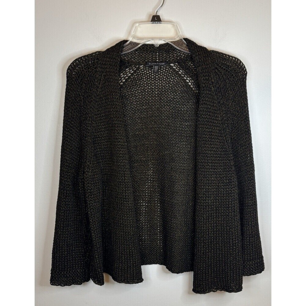 EILEEN FISHER Metallic Open Weave Cardigan Small Bronze Open Front Waist Length